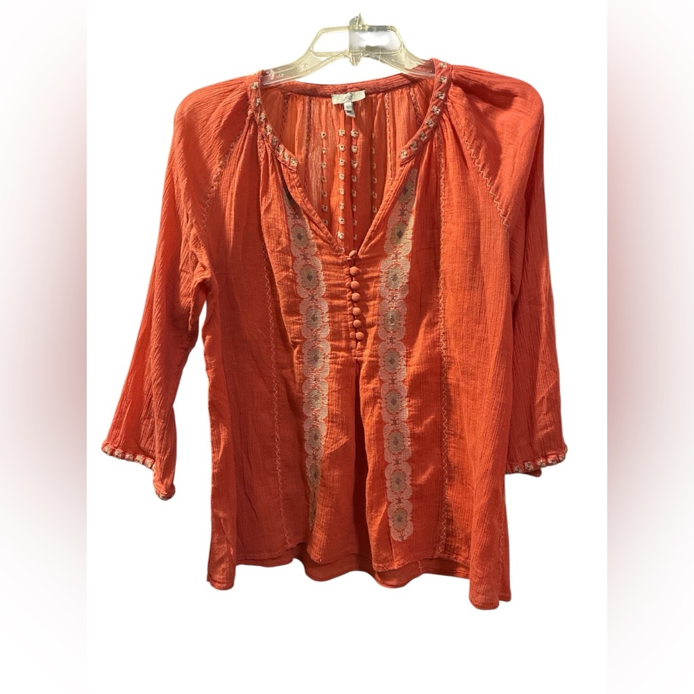 Joie Terracotta Embroidered 100% Cotton Long Sleeve Blouse. Size Medium. - Picture 3 of 13